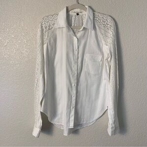 White Women's Top, shirt, blouse with lace arms and back. Great with jeans
